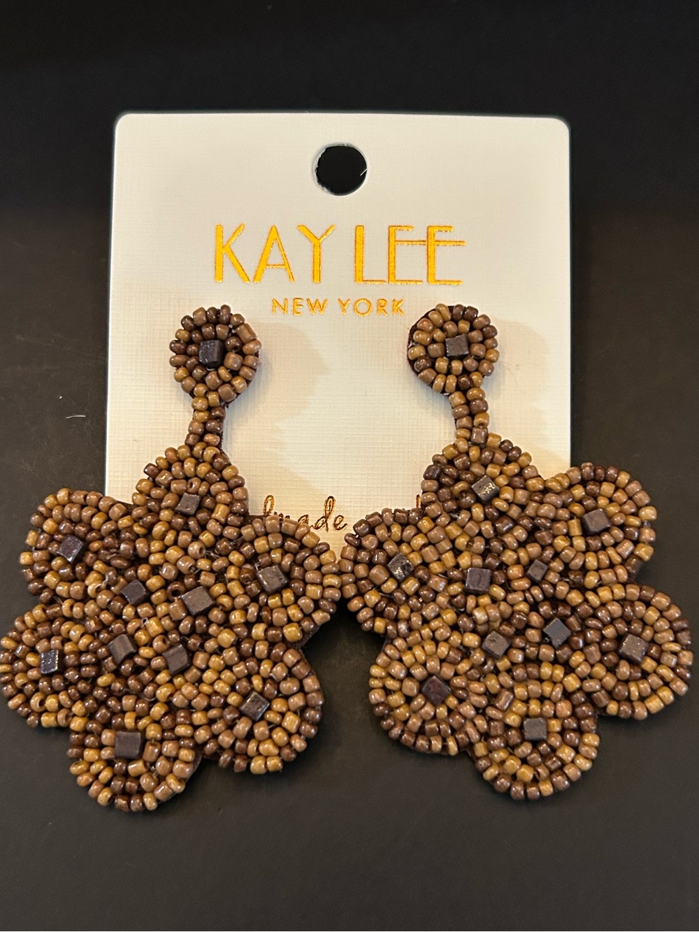Kay Lee Brown and Tan Hand Beaded Floral Boho Design Drop Earrings